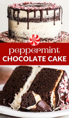 a chocolate cake with white frosting and sprinkles on top, topped with peppermint