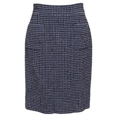 GUARANTEED AUTHENTIC CHANEL NAVY TWEED KNEE LENGTH SKIRT Design: - Navy, black, white tweed classic silhouette skirt. - Dual front pockets, CC plaque on left pocket. - Rear zipper and 3 hook covered closure. - Fully lined. Material: 47% Cotton, 21% Polyamide, 13% Cashmere, 12% Viscose, 7% Polyester; 100% Silk Lining Size: 38 Measurements (Approximate laid flat): - Waist: 14" - Hip: 16" - Total Length: 22.5" (front waistline to bottom front center hem) To Our Customers: - We consider it a privilege to serve as your luxury fashion concierge. Whether you are looking to buy that special one-of-a-kind item, (that no one else can find), scoring a spectacular deal on a pre-owned gem or updating your own style by consigning your items, please don't hesitate to contact us. Remember, You Deserve No Chanel Tweed Skirt, Chanel Skirt, Navy Chanel, Flower Print Skirt, White Tweed, Chanel Tweed, Wool Pencil Skirt, Cotton Blends Dress, Tweed Skirt