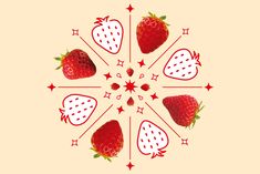 four strawberries arranged in a circle on a yellow background with red stars around them