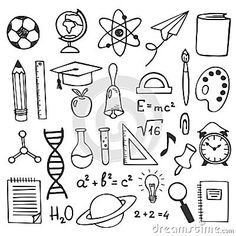 black and white hand drawn doodles on the theme of science, education and math