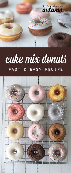 the cover of cake mix donuts fast and easy recipe, with doughnuts on a cooling rack