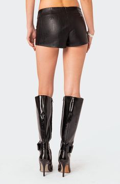 Date night is calling in these laced-up shorts crafted from sleek faux leather. Lace-up closure; hidden back-zip closure 100% polyester with polyurethane coating Hand wash, dry flat Imported Visionary Fashion, Faux Leather Shorts, Leather Corset, Perfume Gift Sets, Swimwear Dress, Leather Shorts, Black Fits, S Models, Model Height