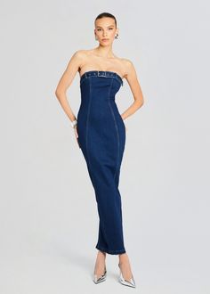 Aaliyah Dress Chic Evening Denim Dress, Fitted Belted Maxi Dress, Elegant Fitted Denim Dress For Party, Elegant Fitted Denim Party Dress, Fitted Belted Maxi Dress For Night Out, Elegant Denim Dress For Date Night, Fitted Denim Maxi Dress, Chic Fitted Denim Maxi Dress, Chic Denim Maxi Dress Fitted