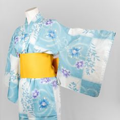 Yukata are lightweight Japanese kimono that are ideal for people who are wearing or buying a kimono for the first time. They are made of cotton making them very light and comfortable compared to traditional kimono. *It comes with a belt (obi)  100% Cotton   This is a standard size yukata (length 145 cm). It can fit anyone with waist/hip measured less than 43" (110 cm).   Handwashing if possible. For tough stains, use washer and choose gentle cycle with cold water and don't wash it with other clothes. Please note that machine washing will slowly wash away the dye so the yukata will be less vibrant the more you wash it. Spring Cotton Kimono For Tea Ceremony, Blue Kimono For Spring Tea Ceremony, Blue Kimono With Kimono Sleeves For Tea Ceremony, Traditional Blue Kimono For Tea Ceremony, Cute Kimonos, Kimono Obi, Yukata Kimono, Blue Kimono, Traditional Kimono