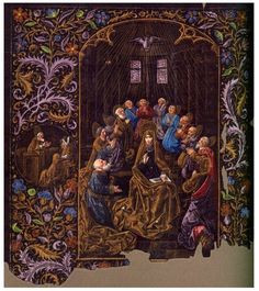 an image of the birth of jesus in a medieval style frame with people around it