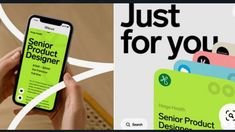 someone is holding their cell phone in one hand and the other has an ad for senior product designer on it