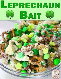 a glass bowl filled with cereal and shamrocks next to a sign that says leprechaun bat