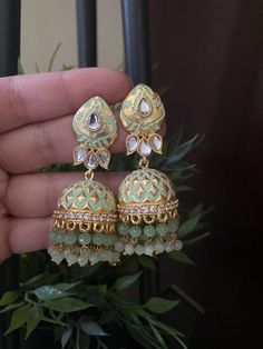 Meenakari Design Indo Western Earring Gorgeous kundan, pearls, meenakari contemprory earrings, light weight  Highest quality and craftsmanship,  Ready to ship from Edison NJ USA Please contact us any questions Luxury Green Meenakari Jhumkas, Green Drop Jhumkas For Festivals, Green Drop Earrings Jhumkas For Festivals, Green Drop Earrings Jhumkas For Diwali, Green Dangle Jhumkas For Festive Occasions, Green Drop Jhumkas For Diwali, Green Bollywood Jhumkas Drop Earrings, Handmade Green Chandbali Jhumkas, Green Handmade Jhumkas For Festivals