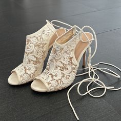 Good Conditions, Worn A Handful Of Times. Some Staining From The Glue, Pictured But Barely Noticeable. Ivory Color. Lace Covered Mesh And Leather. Rossi Shoes, Ankle Wrap, Ivory Color, Gianvito Rossi, Cream White, Shoes Women Heels, Stiletto Heels, Glue, Shoes Heels