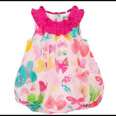 Pink Butterfly Romper With Snap Bottom Closure For Easy Dress. Lightly Lined. Super Soft. Cute Multicolor Bubble Romper For Spring, Playful Multicolor Bubble Romper For Spring, Playful Pink Floral Print Bubble Romper, Spring Multicolor Bubble Romper With Ruffles, Multicolor Sleeveless Bubble Romper For Spring, Spring Multicolor Ruffled Bubble Romper, Spring Playful Printed Bubble Romper, Cute Multicolor Sleeveless Bubble Romper, Pink Floral Print Bubble Romper For Playtime