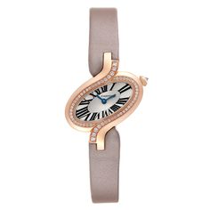 Cartier Delices de Cartier Small 18k Rose Gold Diamond Ladies Watch WG800013. Quartz movement. 18k rose gold oval case 30.78 mm x 36.07 mm. Case thickness: 7.2 mm. The crown set with diamond. . Scratch resistant sapphire crystal. Silver dial with Roman numerals. Sword shaped blue hands. Silver leather strap with 18k rose gold deployant buckle. Oval White Gold Watches With Diamond Hour Markers, Formal Oval Diamond Watch, Timeless Oval Diamond Watch For Formal Occasions, Oval Diamond Watch For Formal Occasions, Elegant Oval Watches For Anniversary, Oval Watches With Diamond Hour Markers For Anniversary, Timeless Oval Diamond Watch In White Gold, White Gold Oval Watches For Formal Occasions, Timeless Oval White Gold Diamond Watch