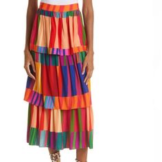 Tiers Patterned In Colorful Stripes Create Movement And Flow On A Vibrant Midi Skirt That’s Sure To Turn Heads. 34 1/2” Length Unlined 100% Viscose Chic Multicolor Tiered Skirt Bottoms, Chic Multicolor Tiered Skirt, Rio Sunset, Striped Midi Skirt, Farm Rio, Pajama Shirt, Blush Makeup, Fit N Flare Dress, Women Skirts Midi