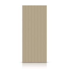 a beige door with vertical slats on the side and bottom paneling, in front of a white background