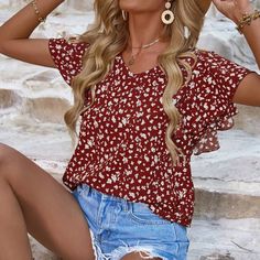 Xs=2 S=4 M=6 L=8/10 Xl=12 Xxl=14 Brand New Ships In 6-10 Days Style: Boho Pattern Type: Ditsy Floral Type: Top Neckline: V Neck Details: Ruffle Sleeve Length: Short Sleeve Sleeve Type: Butterfly Sleeve Length: Regular Fit Type: Regular Fit Fabric: Non-Stretch Material: Polyester Composition: 100% Polyester Care Instructions: Machine Wash Or Professional Dry Clean Sheer: No Red Non-stretch Summer Blouse, Non-stretch Red Summer Blouse, Non-stretch Red Blouse For Summer, Casual Red Printed Blouse, Red Printed Short Sleeve Blouse, Flowy Red Floral Print Top, Flowy Red Summer Blouse, Red Printed V-neck Blouse, Red Short Sleeve Top With Floral Print