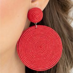 A Generous Disc Of Red Thread Spirals Around And Around For A Dizzying Finish As It Connects To A Red Button Post. Earring Attaches To A Standard Post Fitting. Jewel Tones Jewelry, Jewerly Set, Diamond Shape Earrings, Bohemian Girls, Fabric Earrings, Red Thread, Orange Earrings, Earring Bundle, Costume Earrings