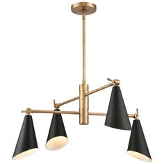 three black and gold colored lights hanging from a ceiling fixture with two lamps on each side