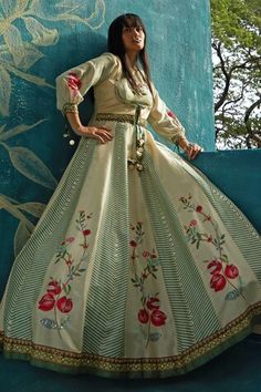 Beige kalidar anarkali featuring pomegranate veil and geometric print with floral embroidery featuring thread, bead, stone, sequin work and tassel detailing. Paired with a highlighted dupatta. - Aza Fashions Kalidar Anarkali, Anarkali With Dupatta, Basil Leaf, Women Kurta, Anarkali, Aza Fashion, Geometric Print, Floral Embroidery, Pomegranate