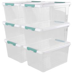 four plastic storage containers with lids and handles