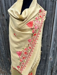 Gorgeous Beige Neutral Tone Woolen Embroidered Kashmiri Stole. Luxurious feel. Send your Best Offer! Traditional Embroidered Shawl For Spring, Traditional Embroidered Shawl For Summer, Bohemian Embroidered Beige Shawl, Beige Embroidered Bohemian Shawl, Cream Embroidered Fabric For Spring, Festive Beige Embroidered Shawl, Embroidered Beige Pashmina Shawl, Traditional Cream Shawl With Floral Embroidery, Bohemian Cream Shawl With Embroidery