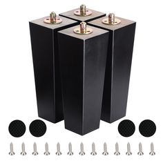 three black pedestal stands with screws and nuts on each side, all in different sizes