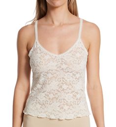 This sexy, see-through lacy camisole features an exquisite floral design and picot elastic trim along V-neckline. V-neckline and scoop back have elastic edge with picot trim. Sheer lace knit features jacquard flowers. Elastic straps with picot trim do not adjust. Hem has curly "lettuce" edges. Lightweight knit is great for warmer temperatures. Perfect for layering. Pullover styling. Please note: Model is wearing nipple covers (not included) for modesty. Hanky Panky Women's Daily Lace Camisole in Feminine Lace V-neck Camisole, Fitted V-neck Lace Top Camisole, Chic Delicate Lace For Summer, Spring Lace Tank Top With Built-in Bra, Feminine Fitted Lace For Summer, Lace Tank Top With Delicate Straps, Lace Fitted Tank Top With Built-in Bra, Fitted Lace Camisole Sleeveless, Lace Top Camisole For Daywear