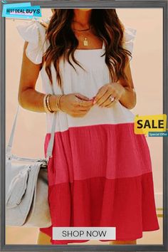 Casual Solid Split Joint Square Collar Cake Skirt Dresses Casual Knee-length Color Block Mini Dress, Casual A-line Patchwork Mini Dress, Casual Color Block Summer Dresses, Casual Color Block Mini Dress For Beach, Casual Patchwork Mini Dress For Beach, Casual Patchwork Mini Dress For The Beach, Casual Pink Color Block Mini Dress, Casual White Color Block Dress, Casual Beach Mini Dress With Patchwork