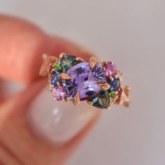 “Tara” Nature Inspired Cluster Engagement Ring with Purple Sapphire and Gemstones 14K Rose Gold, Multi Stone Ring | Unusual engagement rings unique Ring With Colored Stone, Rose Gold Gemstone Ring, Purple And Gold Engagement Ring, Color Changing Sapphire, Amethyst Cluster Ring, Purple And Green Engagement Ring, Cocktail Engagement Ring, Natural Sapphire Ring, Wedding Ring Colored Stone