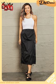 Hyfve Just In Time High Waisted Cargo Midi Skirt In Black Casual Black Cargo Skirt For Summer, Summer Black Lined Cargo Skirt, Black Lined Cargo Skirt, Casual Black Lined Cargo Skirt, Cargo Midi Skirt, Just In Time, Fashion Games, In Time, Midi Skirt