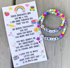 "Back to School Bracelet Set 📚✂️✏️ The cutest gift to give your little for their first day back to school Made with multi colored seed beads, clear bicone beads, 18k gold filled beads, smile bead and 4mm square letters that read \"smile\" Listing comes with Back to School Poem and little bag Please put sizing in Personalization Section Personlize this listing with another word or color, please put in Personalization Section* CARING TIPS FOR YOUR JEWELRY ⭐️Treat and store with care. ⭐️ For longevity, avoid exposing your jewelry to water. ⭐️ Avoid having direct contact with lotions, perfumes, sanitizers as these chemicals may cause discoloration of your jewelry." Novelty Friendship Bracelets With Letter Beads As Gift, Novelty Letter Beads Friendship Bracelet As Gift, Playful Beaded Bracelets For Mother's Day Gift, Fun Friendship Bracelets With Letter Beads For Gifts, Fun Letter Bead Friendship Bracelets For Gifts, Fun Friendship Bracelets With Letter Beads As A Gift, Fun Letter Beads Friendship Bracelets As Gift, Fun Friendship Bracelets With Letter Beads, Personalized Inspirational Friendship Bracelets For Birthday