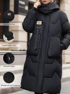 Women's Solid Color Hooded Long Sleeve Pockets Mid-Length Thick Jacket Black Casual  Long Sleeve Woven Fabric Plain Puffer Non-Stretch Winter Women Clothing, size features are:Bust: ,Length: ,Sleeve Length: Long Solid Outerwear With Pockets, Trendy Long Outerwear With Pockets, Oversized Long Sleeve Parka For Winter, Oversized Thick Long Sleeve Outerwear, Oversized Solid Warm Outerwear, Oversized Warm Solid Color Outerwear, Trendy Oversized Warm Outerwear, Thick Hooded Outerwear For Fall, Oversized Warm Outerwear