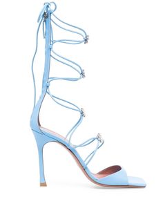 Daisy 95mm strappy sandals from AMINA MUADDI featuring baby blue, calf leather, crystal embellishment, strap detailing, open toe, tie-fastening ankle strap, mid-calf length, branded heel counter and high sculpted heel. Amina Muaddi, Crystal Embellishment, All Brands, Strappy Sandals, Mid Calf, Baby Blue, Calf Leather, Open Toe, Ankle Strap