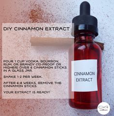 a bottle of cinnamon extract next to a stick of cinnamon on a white background with the words diy cinnamon exact