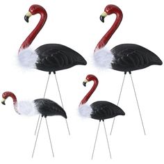 three black and white flamingos standing next to each other in front of a white background