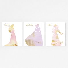 three disney princess silhouettes with gold foil on them