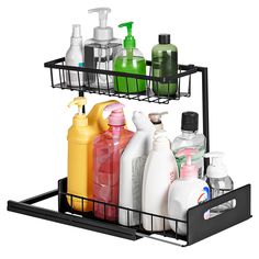 two tiered shelf with soap, lotion and hand sanitizers