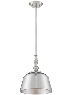 a light fixture with a metal shade on the bottom and one light hanging from the ceiling