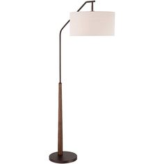 a floor lamp with a white shade on the top and a wooden pole underneath it