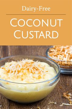 two bowls filled with coconut custard on top of a wooden table