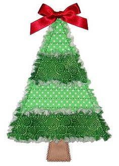 a green and white christmas tree with red ribbon on it's top, sitting in front of a white background