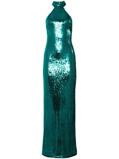 dark green sequin embellishment backless halterneck concealed rear zip fastening sleeveless floor-length straight hem Green Evening Gowns, Turquoise Fashion, Party Frocks, Embellished Maxi Dress, Oscar Dresses, Dressing Gown Robe, Make Waves, Vintage Gowns, Green Sequins