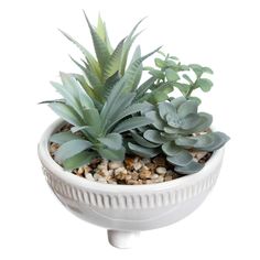 a potted plant is sitting in a white bowl with gravel and succulents