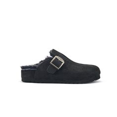 Clog style slip on shoe in soft suede with side buckle. Suede footbed and moulded sole for comfort. Black Suede Mules With Leather Footbed, Suede Slip-on Clogs With Buckle Closure, Suede Slip-on Slippers With Buckle Closure, Suede Slippers With Buckle Closure And Round Toe, Black Suede Clogs With Suede Lining, Black Slip-on Clogs With Suede Lining, Black Suede Clogs With Round Toe, Clog Style, Clogs Style