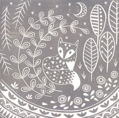 a drawing of an owl sitting in the middle of a circle with leaves on it