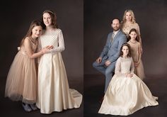 the family is posing for pictures in their dresses