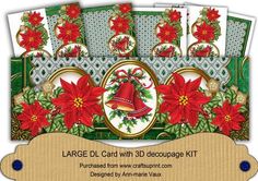 the large card with 30 decoupage kits is decorated with poinsettis and bells