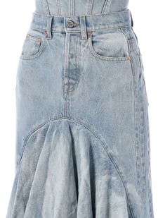 Cotton Flared Denim Midi Skirt By Vetements. Featuring: Buttons Fly Belt Loops Five Pockets Paneled Construction Flared Panel At Front Frayed Edge At Hem Model Is 1,72 M And Wears Size SComposition: 100% cotton Flared Denim, Anti Fashion, Skirt For Women, Denim Midi Skirt, Edgy Look, Blue Skirt, Denim Flares, Denim Pant, Skirts For Sale