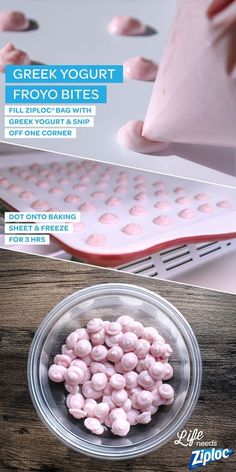 a bowl filled with pink marshmallows sitting on top of a wooden table