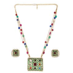 Classic navaratan necklace, which is made of nine gemstone, totally hand made  Ruby, pearl, turquoise , coral, cz, emerald, granite, black onyx, blue sapphire !! Pendent is rectangular shape and has a length  of 2.5 inches total length of necklace is 20 inches, which has ADJUSTABLE chain (22k gold platted ) Necklace has a sassy taste, gives you a royal and classic look, perfect for every women. Made by Ray fineornates Jewellery from India  - for your every type of occasion and mood! ✔ HIGH QUALI Festive Multi-stone Kundan Necklace For Gift, Traditional Multi-stone Kundan Necklace Gift, Traditional Festive Kundan Necklace With Multi-stones, Traditional Kundan Necklace With Multi-stone For Festive Season, Traditional Kundan Necklace With Multi-stones For Festivities, Traditional Multi-stone Kundan Necklace For Festive Occasions, Multicolor Jewelry With Stone Setting For Celebrations, Multicolor Stone-set Jewelry For Celebrations, Festival Jewelry With Stone Setting For Puja