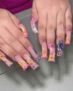 pretty & unique nails. follow for more content. Duck Nails Acrylic Spring, Summer Freestyle Nails, India Love Nails, Spring Junk Nails, Long Duck Nails Acrylic, Freaknik Nails, Duck Nails Long, Long Duck Nails, Exotic Nail Designs