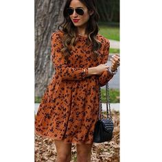 Material: Polyester Fiber (polyester) Material Composition: 81%-90% Pattern Type: Printing Casual Long Sleeve Floral Dress For Winter, Casual Long Sleeve Mini Dress For Fall, Casual Knee-length Mini Dress For Fall, Long Sleeve Mini Dress For Fall Day Out, Casual Long Sleeve Dress For Fall, Long Sleeve Mini Dress For Day Out In Fall, Casual Long Sleeve Brown Mini Dress, Casual Brown Dress For Fall, Casual Brown Fall Dress